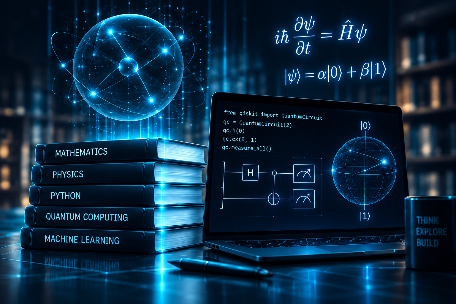 Quantum learning visual showing mathematics, physics, Python, quantum computing and machine learning