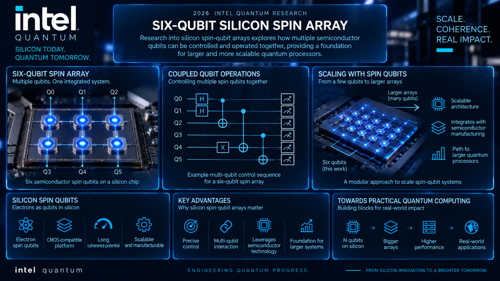 Six-qubit silicon spin array