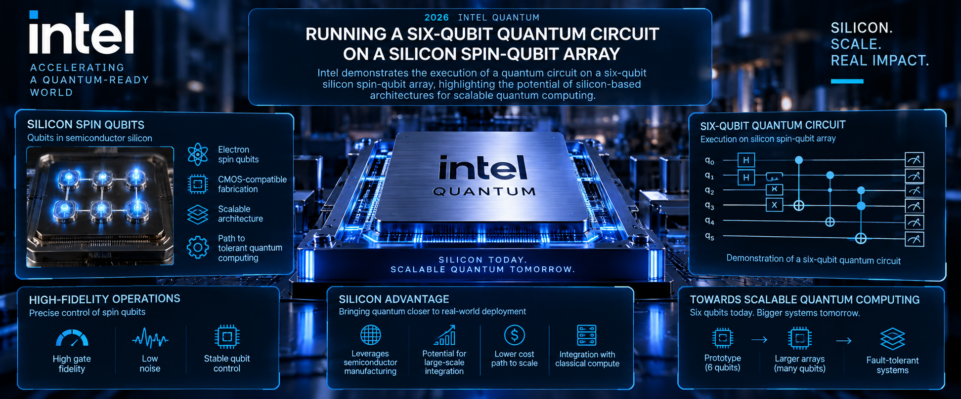 Running a six-qubit quantum circuit on a silicon spin-qubit array